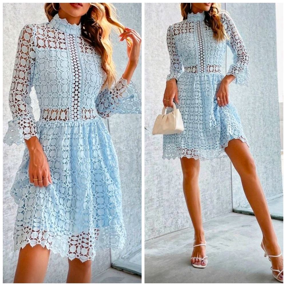 NEW Chic Embroidered Sheer Lace High Neck Party Dress Light Blue